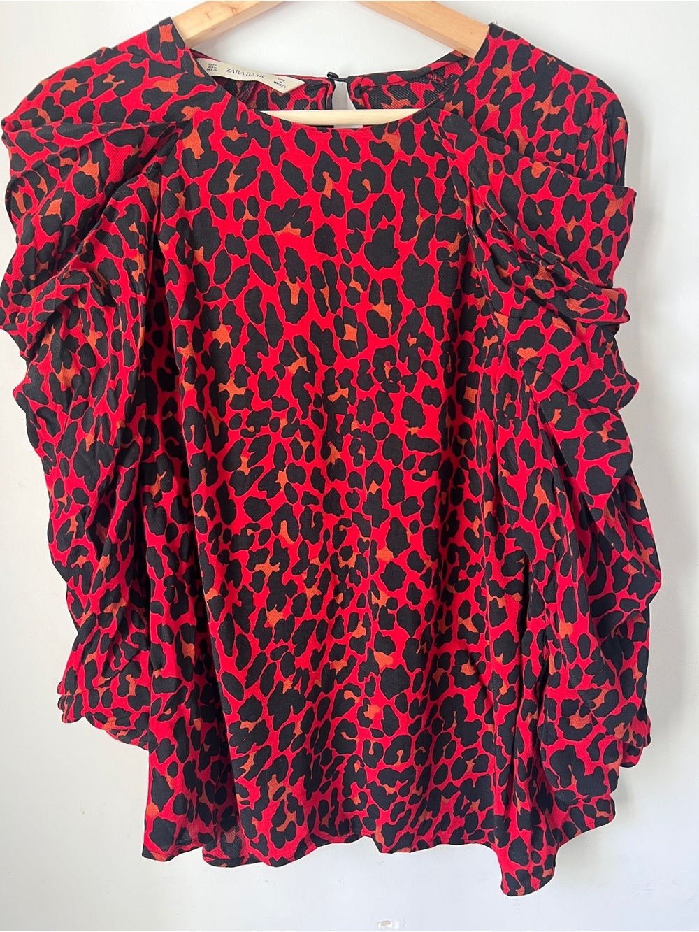 Zara Red and Black Leopard Ruffle Sleeve Blouse